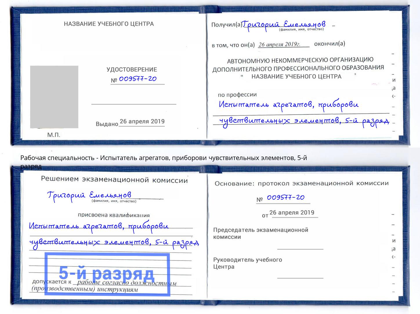 корочка 5-й разряд Испытатель агрегатов, приборови чувствительных элементов Усинск