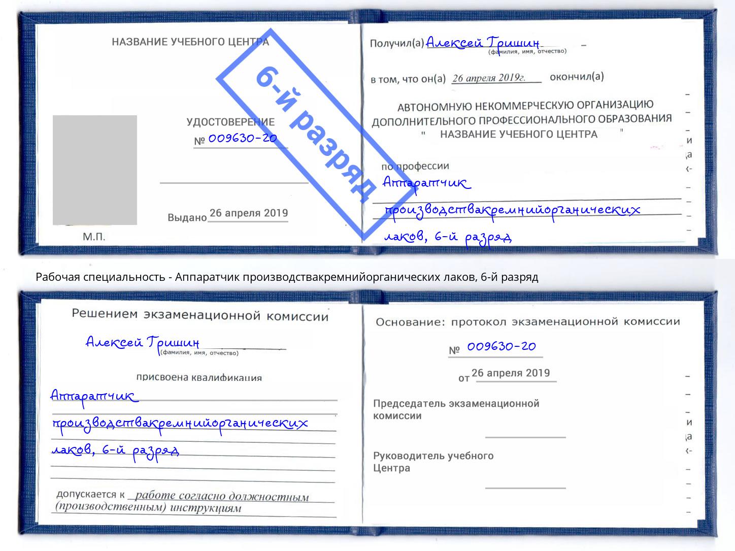 корочка 6-й разряд Аппаратчик производствакремнийорганических лаков Усинск