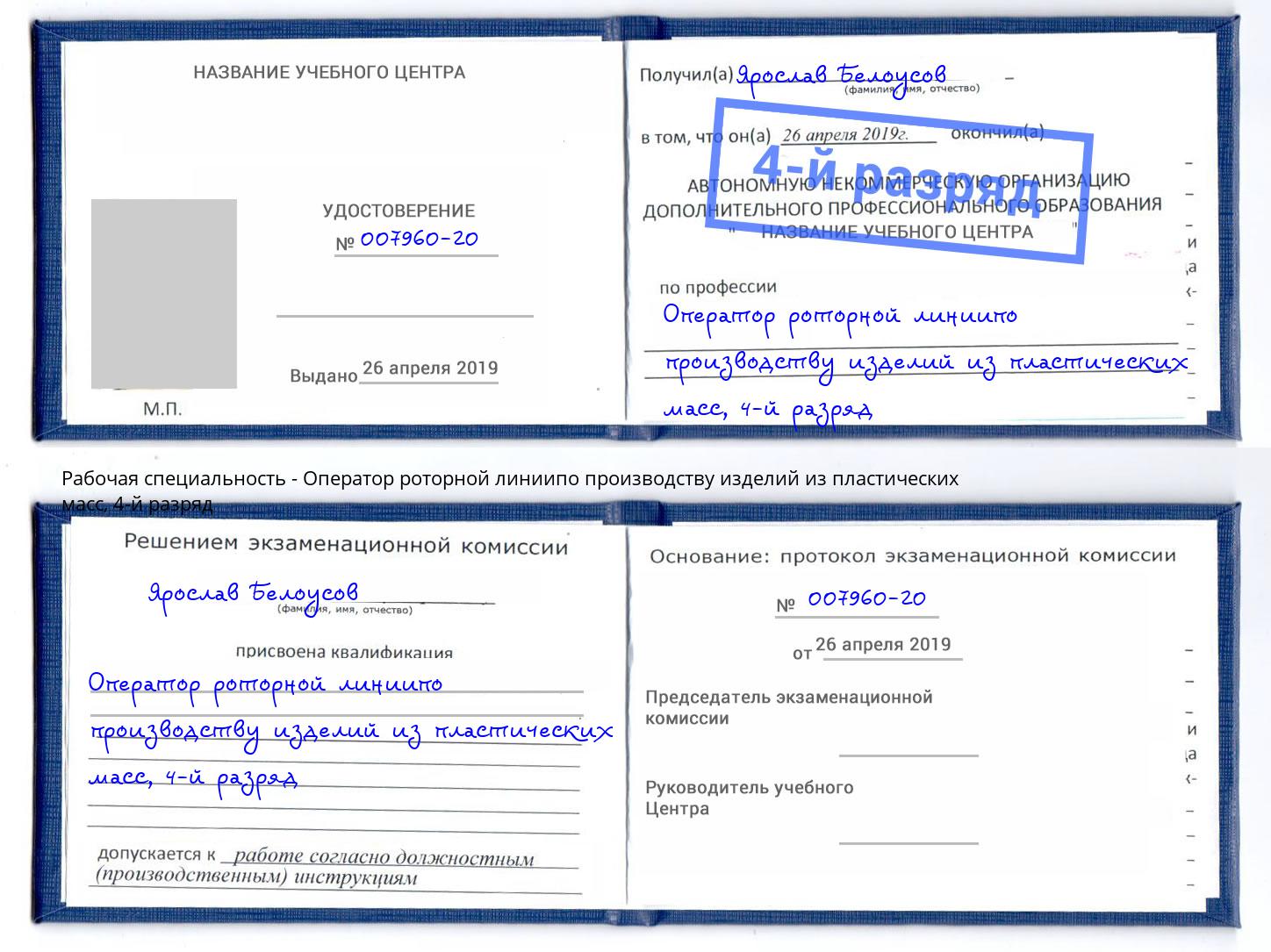 корочка 4-й разряд Оператор роторной линиипо производству изделий из пластических масс Усинск